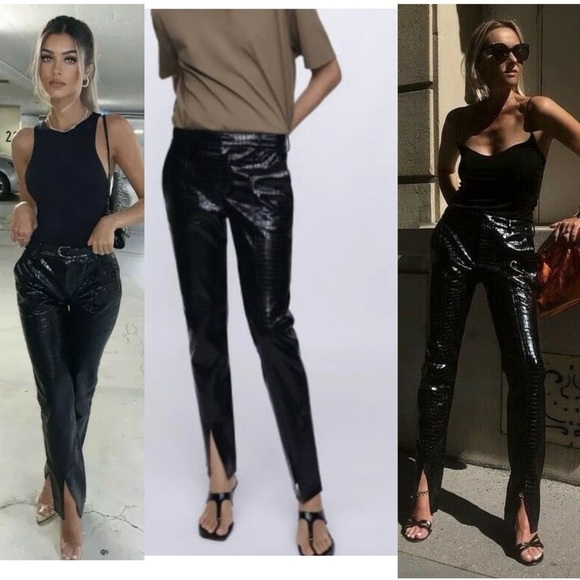 Zara Women Black Croc embossed Animal Faux Leather Pleather Vegan Pants M NWOT - Picture 4 of 17